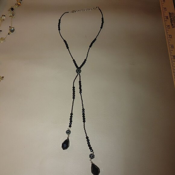 925 Tassels Black Faceted Beaded Necklace Mourning Vintage Victorian Jet Glass - Picture 2 of 16